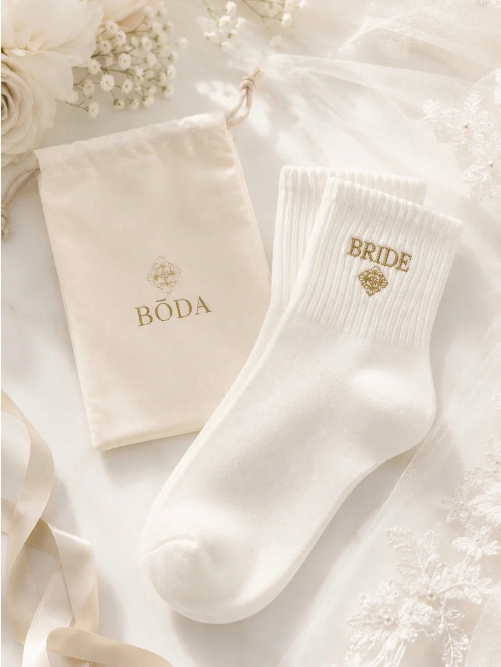 BRIDE Embroidered Ivory Socks with Bōda Pouch